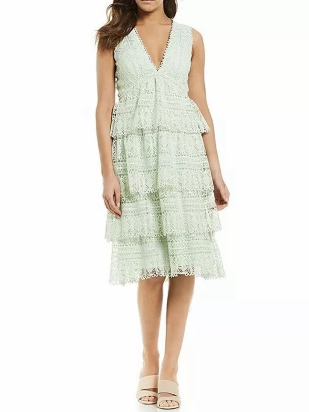 Gianni Bini Tiered Lace V Neck Midi Dress